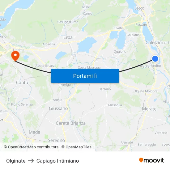 Olginate to Capiago Intimiano map