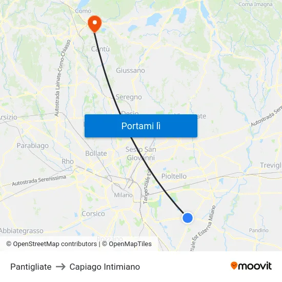 Pantigliate to Capiago Intimiano map