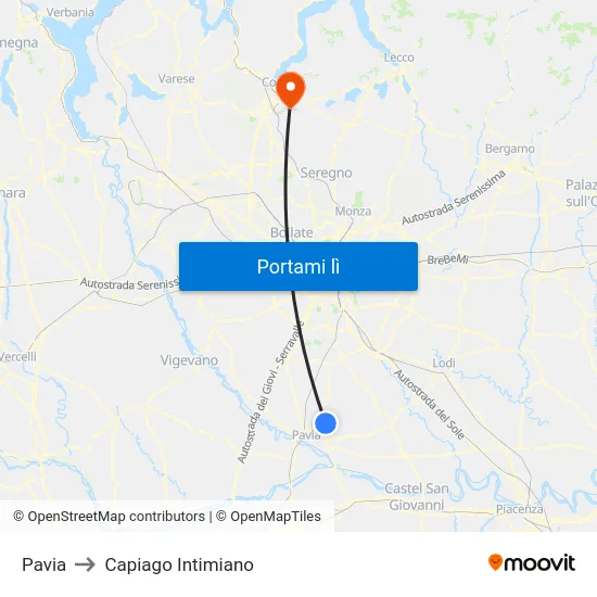 Pavia to Capiago Intimiano map