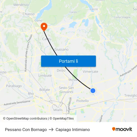 Pessano Con Bornago to Capiago Intimiano map