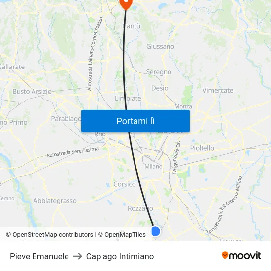 Pieve Emanuele to Capiago Intimiano map
