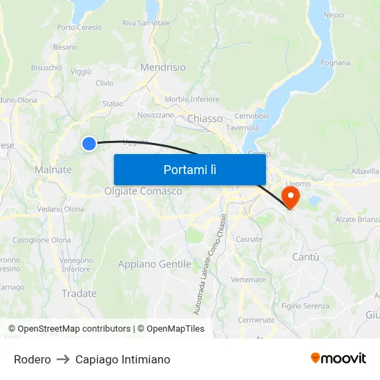 Rodero to Capiago Intimiano map