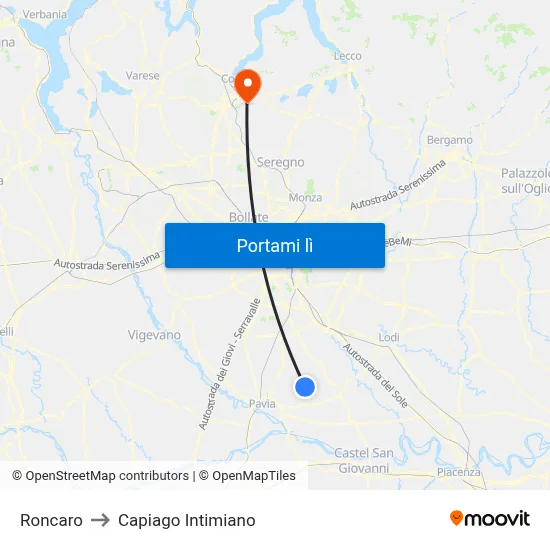 Roncaro to Capiago Intimiano map