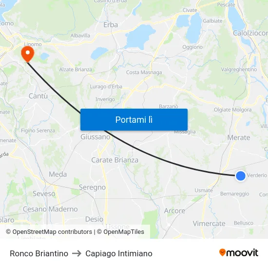 Ronco Briantino to Capiago Intimiano map