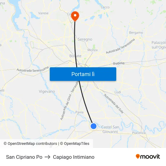 San Cipriano Po to Capiago Intimiano map
