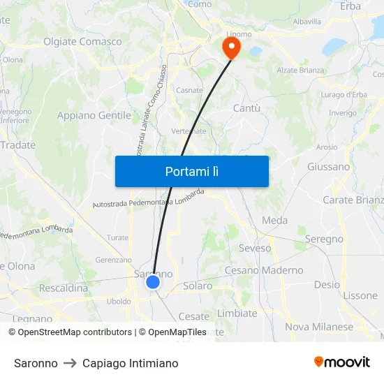 Saronno to Capiago Intimiano map