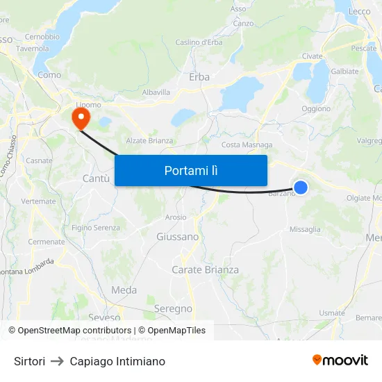 Sirtori to Capiago Intimiano map