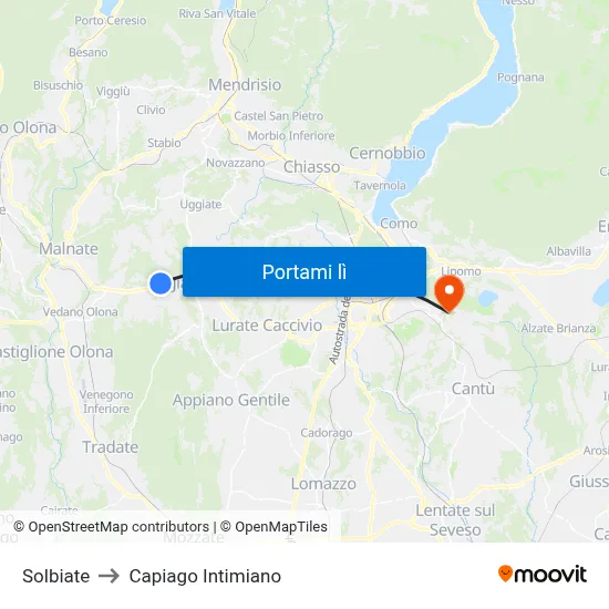Solbiate to Capiago Intimiano map