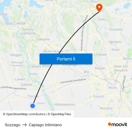 Sozzago to Capiago Intimiano map