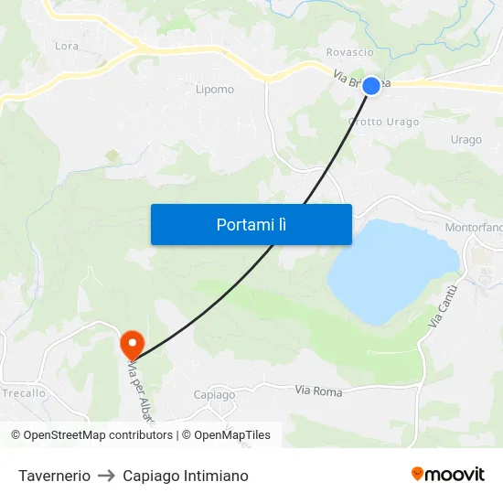 Tavernerio to Capiago Intimiano map
