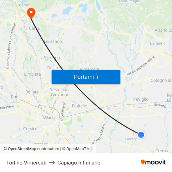 Torlino Vimercati to Capiago Intimiano map