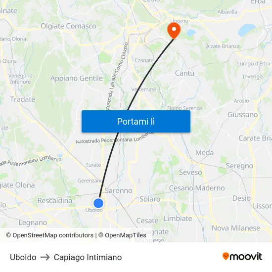 Uboldo to Capiago Intimiano map