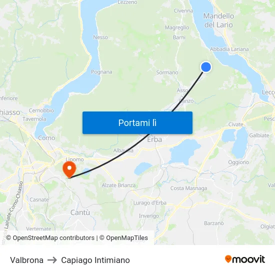 Valbrona to Capiago Intimiano map
