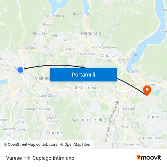 Varese to Capiago Intimiano map