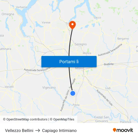 Vellezzo Bellini to Capiago Intimiano map