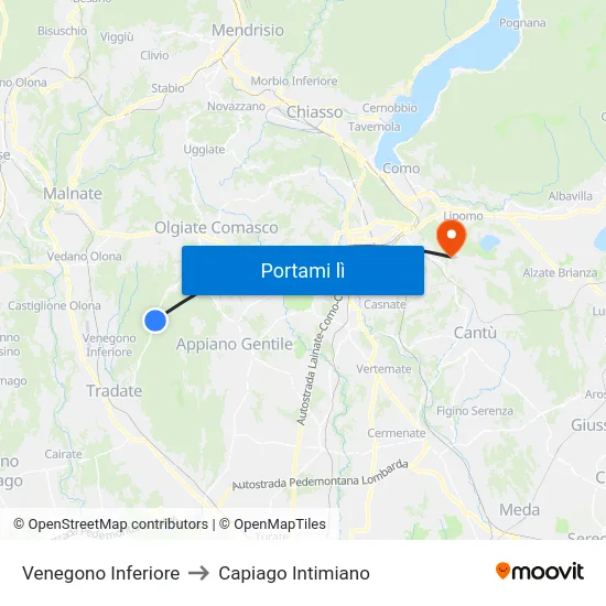 Venegono Inferiore to Capiago Intimiano map