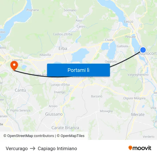 Vercurago to Capiago Intimiano map