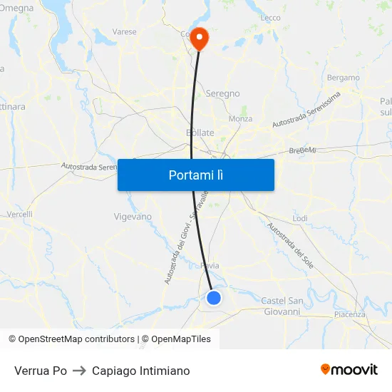 Verrua Po to Capiago Intimiano map