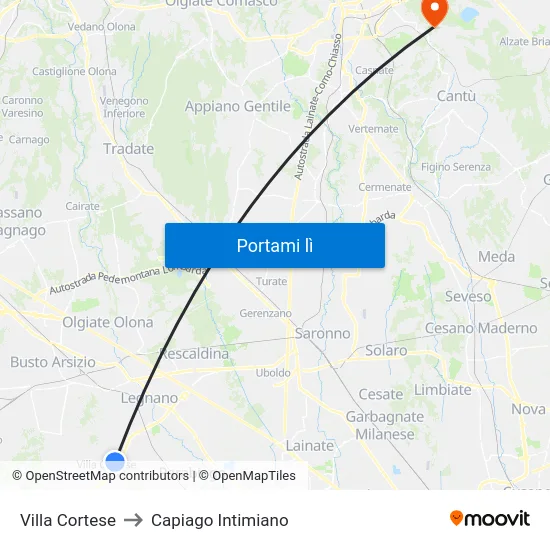Villa Cortese to Capiago Intimiano map