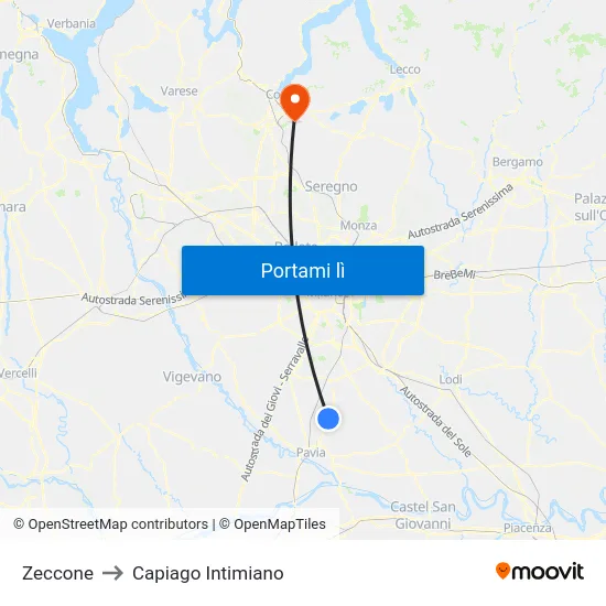 Zeccone to Capiago Intimiano map