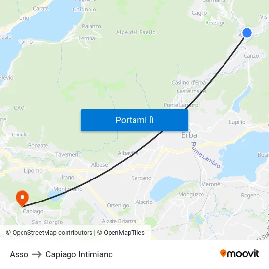 Asso to Capiago Intimiano map