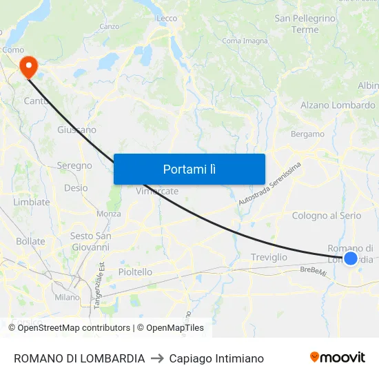 ROMANO DI LOMBARDIA to Capiago Intimiano map