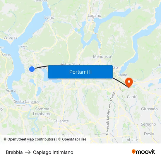 Brebbia to Capiago Intimiano map