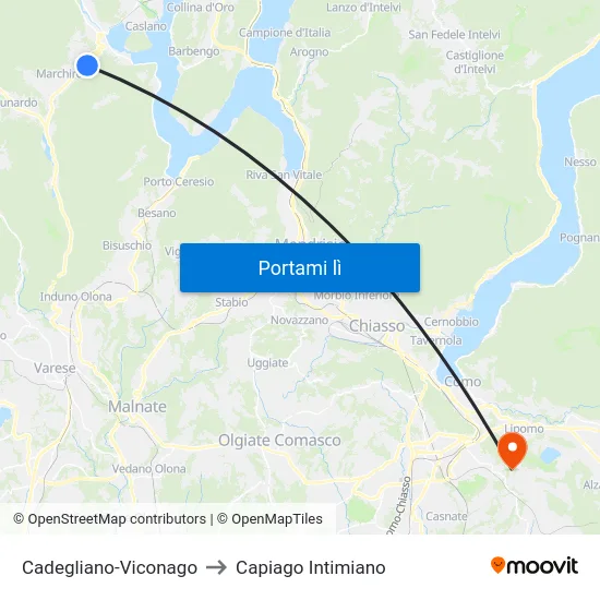 Cadegliano-Viconago to Capiago Intimiano map