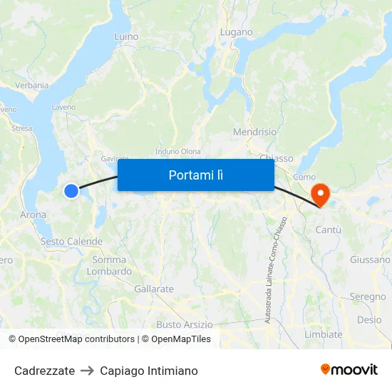 Cadrezzate to Capiago Intimiano map