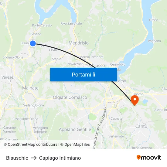 Bisuschio to Capiago Intimiano map