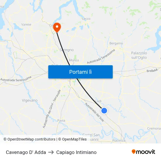 Cavenago D' Adda to Capiago Intimiano map