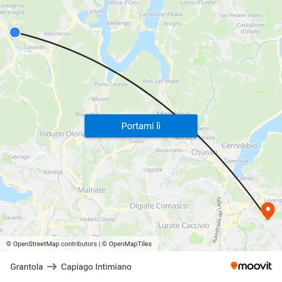 Grantola to Capiago Intimiano map
