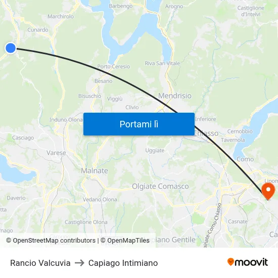Rancio Valcuvia to Capiago Intimiano map