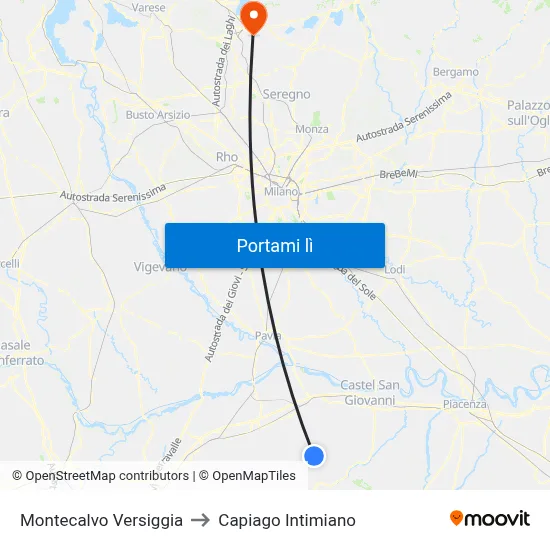 Montecalvo Versiggia to Capiago Intimiano map