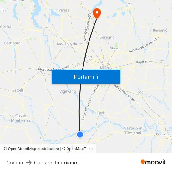 Corana to Capiago Intimiano map