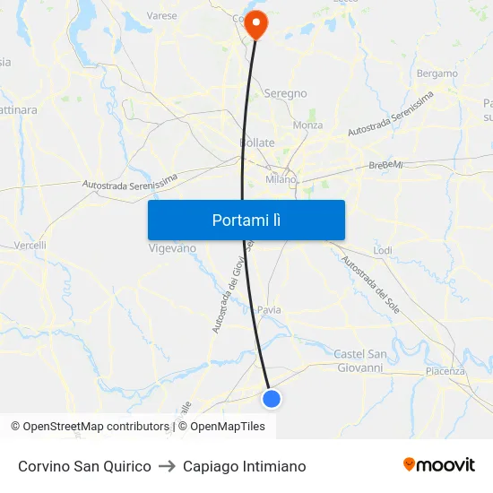 Corvino San Quirico to Capiago Intimiano map