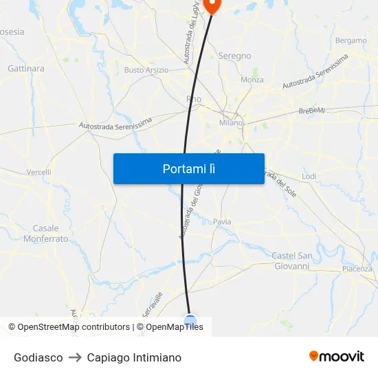 Godiasco to Capiago Intimiano map