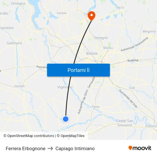Ferrera Erbognone to Capiago Intimiano map