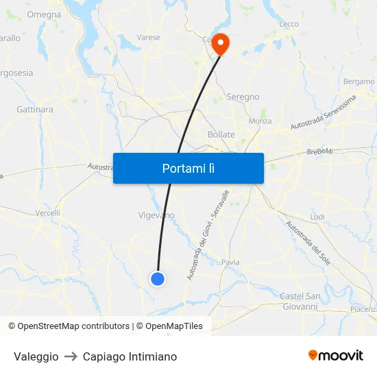 Valeggio to Capiago Intimiano map