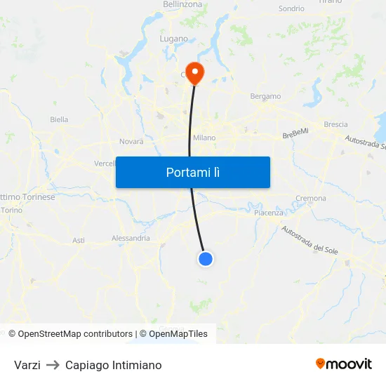 Varzi to Capiago Intimiano map