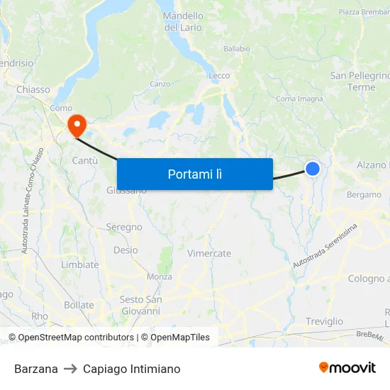 Barzana to Capiago Intimiano map