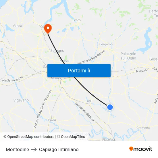 Montodine to Capiago Intimiano map