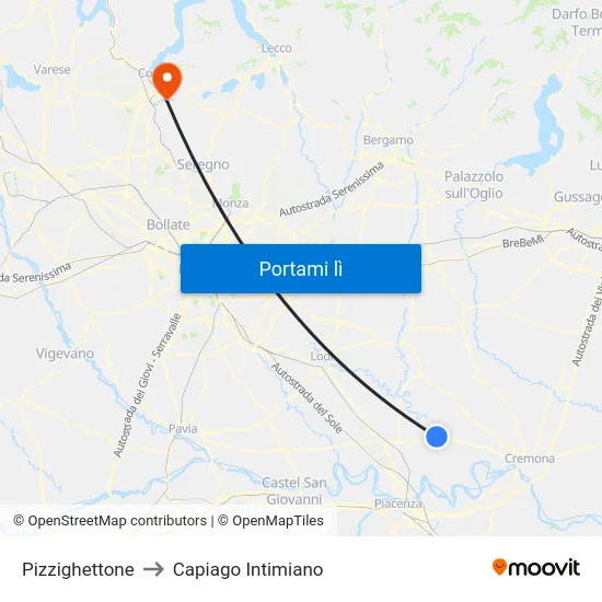Pizzighettone to Capiago Intimiano map