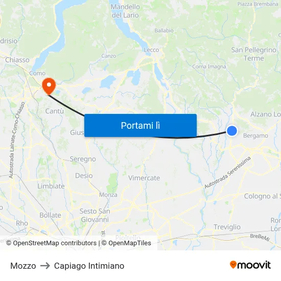 Mozzo to Capiago Intimiano map