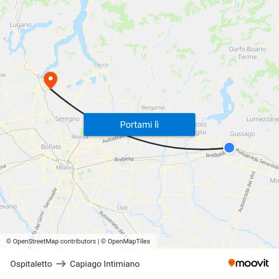 Ospitaletto to Capiago Intimiano map