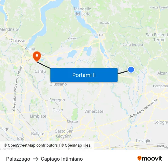 Palazzago to Capiago Intimiano map