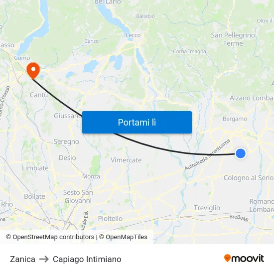 Zanica to Capiago Intimiano map