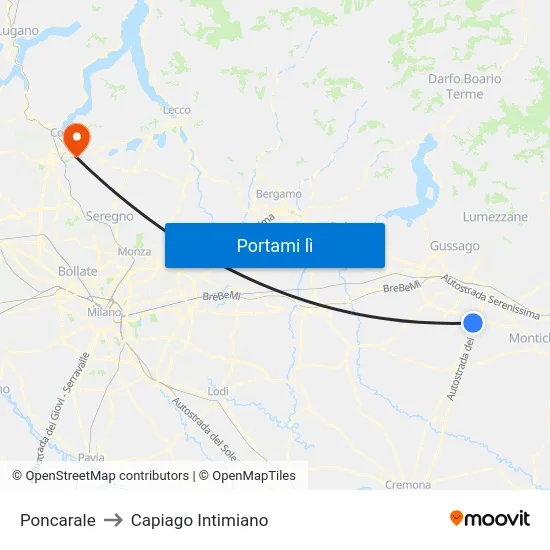 Poncarale to Capiago Intimiano map
