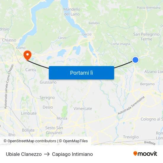 Ubiale Clanezzo to Capiago Intimiano map
