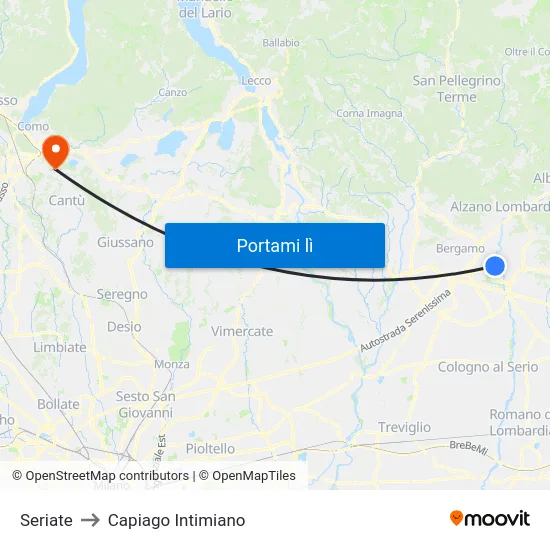 Seriate to Capiago Intimiano map